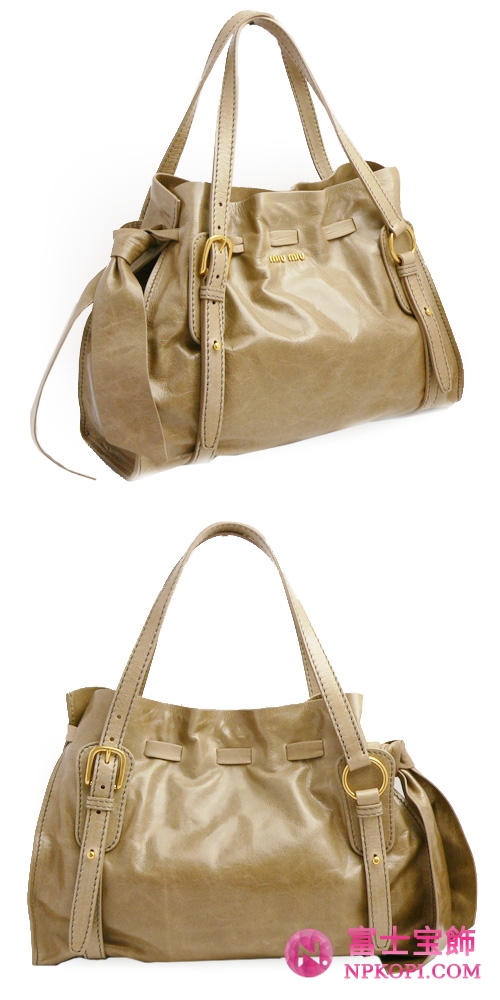 ミュウミュウ MIUMIU ショルダーバッグ 巾着デザイン リボン付き レザー サンドベージュ（DESERTO） RR1312 VIT.LUX